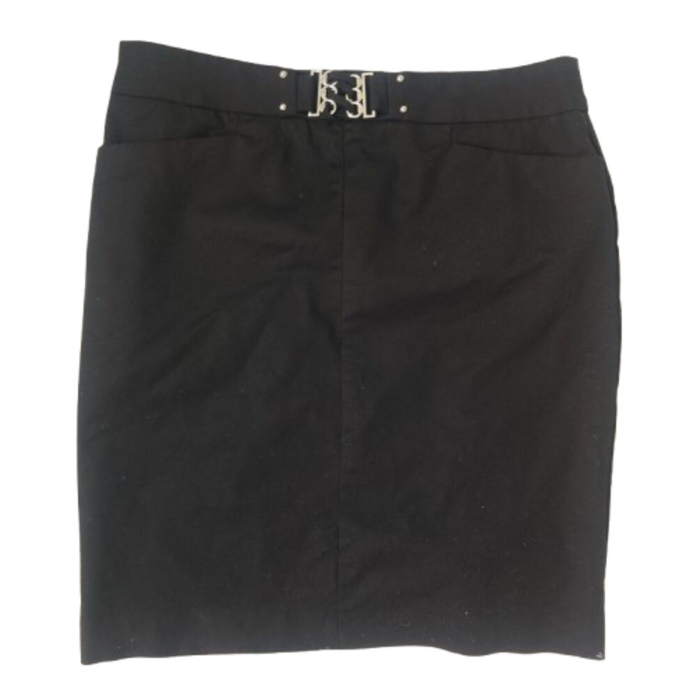 Ellen Tracy Women's Black Pencil Skirt Size 10 Stretch Belted Silver Buckle Zip